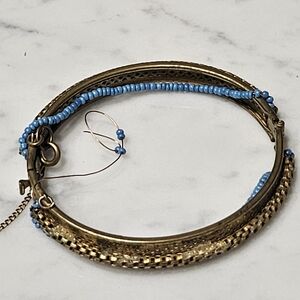 ☆4 Repair - Elegant Gold & Blue Signed Miriam Haskell Bangle Vintage Bracelet☆